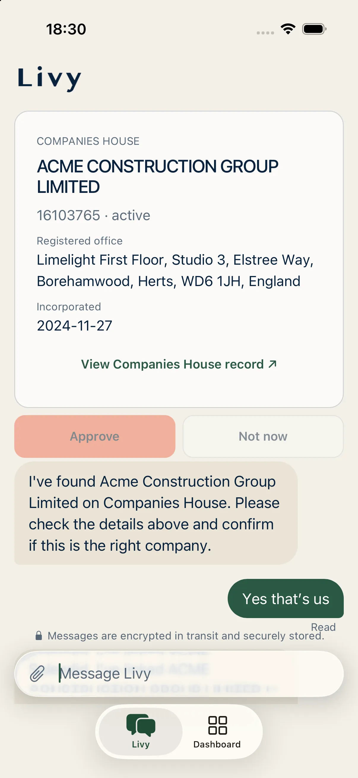The Livy iPhone app showing a conversation to confirm a company’s Companies House details.